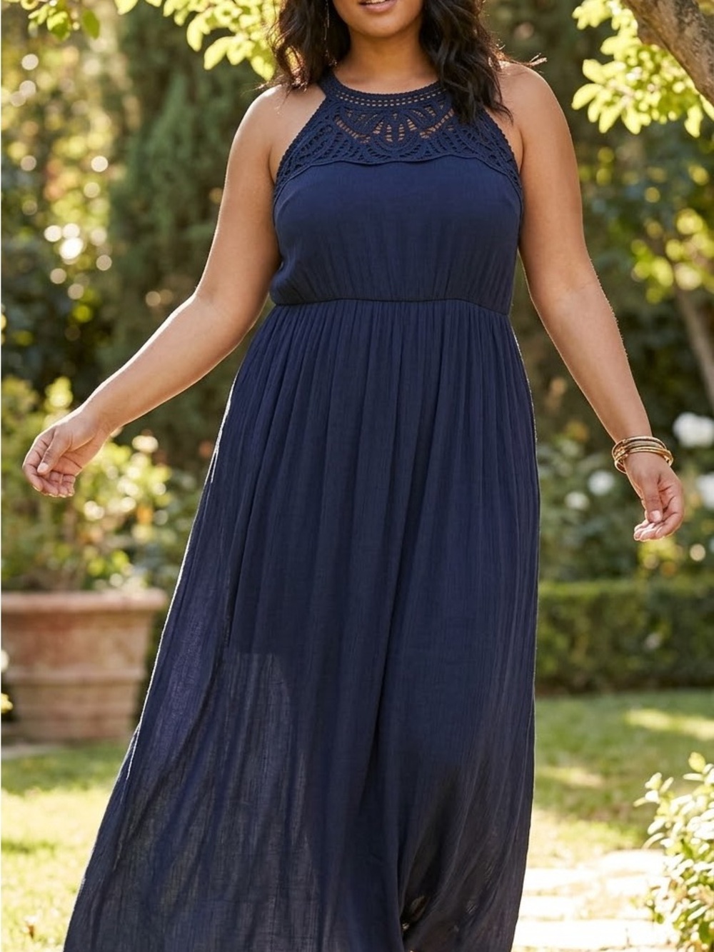 Maurices Maxi Dress Womens 1X Navy Blue Crochet Lace Halter Neck Sleeveless